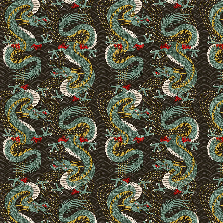Kimonos and Koi, Bold Dragon in Black, 12024336, by Paintbrush Studio, sold by the half-yard