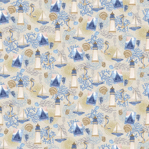 Cobalt Seas, 1363-41, Coastal Collage Beige by Andrea Tacheira for Henry Glass & Co, sold by the half yard