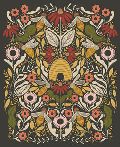 Bee Garden Metallic Black Panel 48418 21 by Moda, sold by the Panel,  36" X 43"