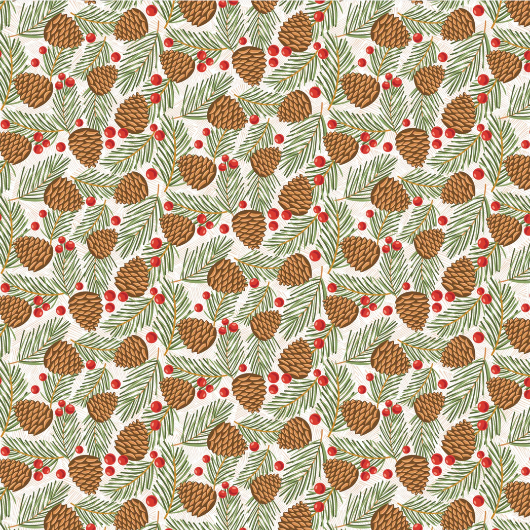 Prairie Christmas, Traditional Pine Cones in White, PC24365 by Poppie Cotton , sold by the half yard