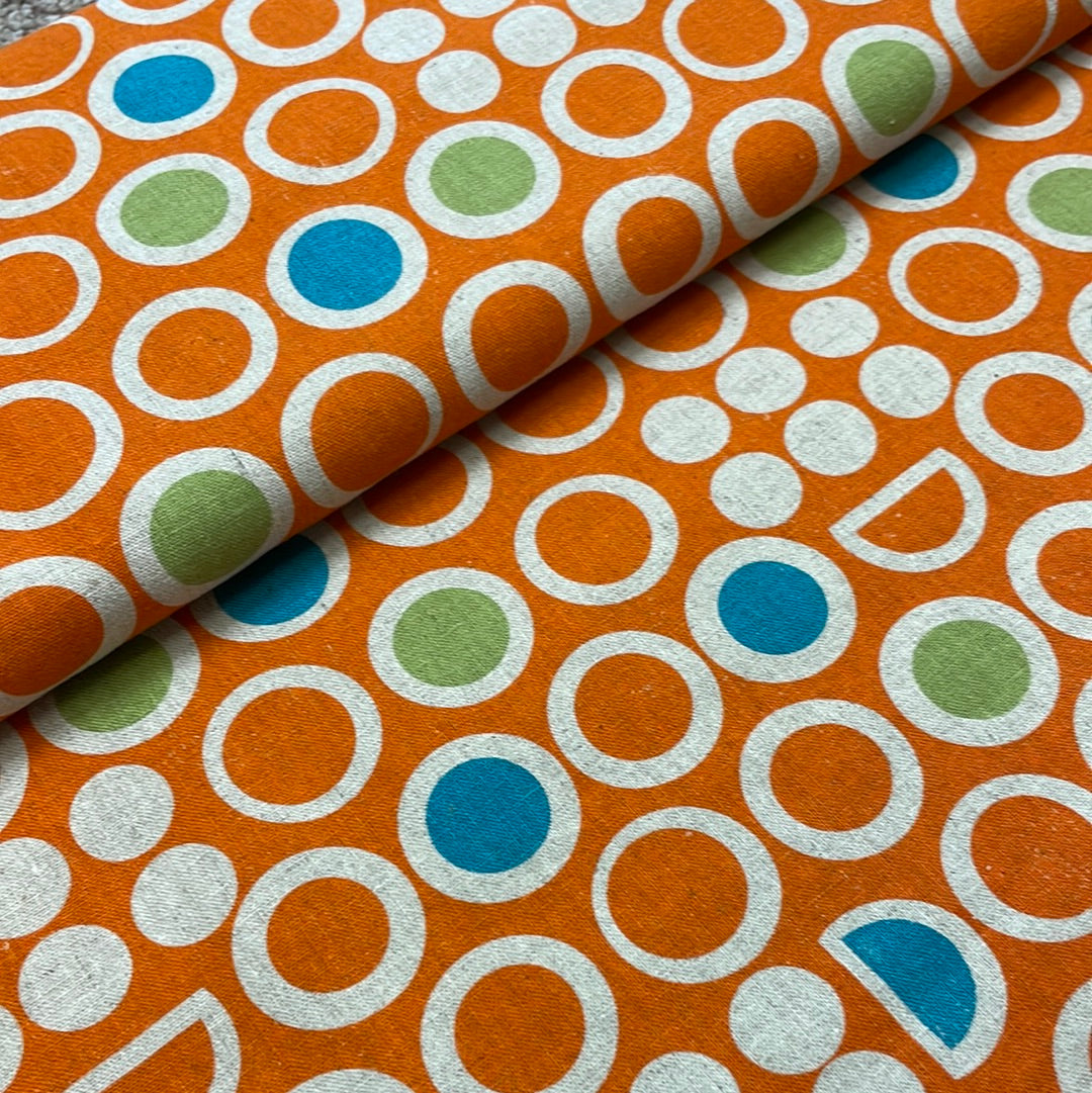Mod Dots on Orange, Heavy Weight Cotton/Linen Blend, by Cosmo, sold by the half yard