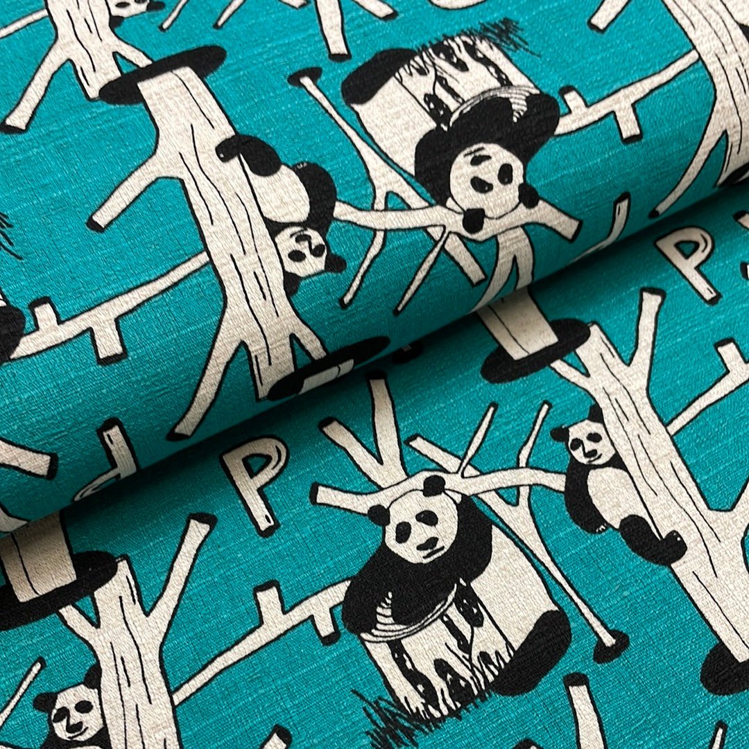 P is for Panda on Turquoise , Heavy Weight Cotton/Linen Blend, by Cosmo, sold by the half yard