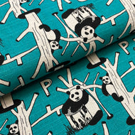 P is for Panda on Turquoise , Heavy Weight Cotton/Linen Blend, by Cosmo, sold by the half yard