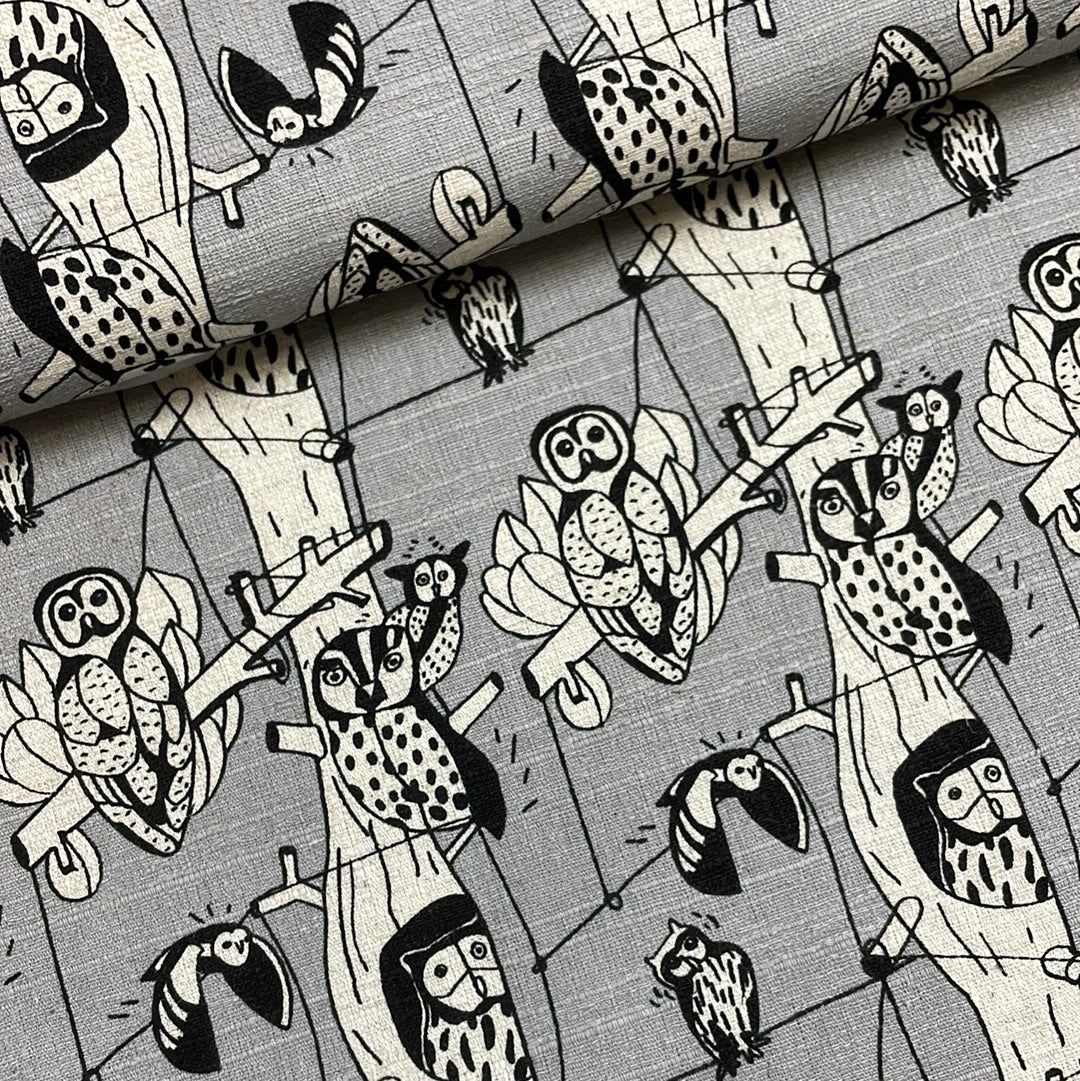 Owls in the Trees in Grey, Heavy Weight Cotton/Linen Blend, by Cosmo, sold by the half yard