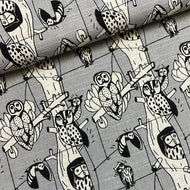 Owls in the Trees in Grey, Heavy Weight Cotton/Linen Blend, by Cosmo, sold by the half yard