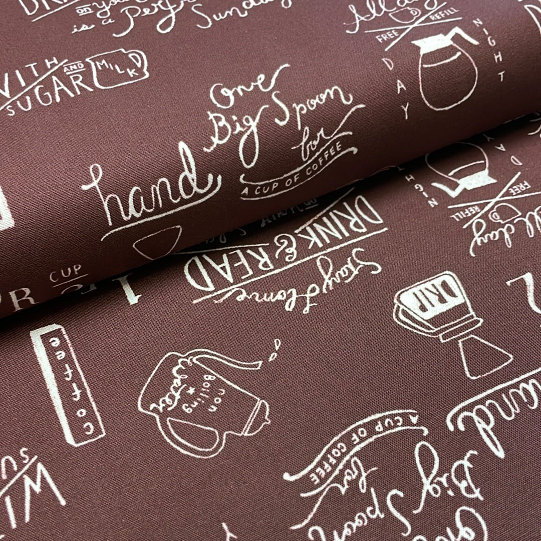 Coffee Time on Brown, Heavy Weight Cotton, by Kokka, sold by the half yard