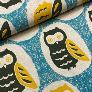 Big Owls in the Woods on Natural, Heavy Weight Cotton/Linen Blend, by Cosmo, sold by the half yard