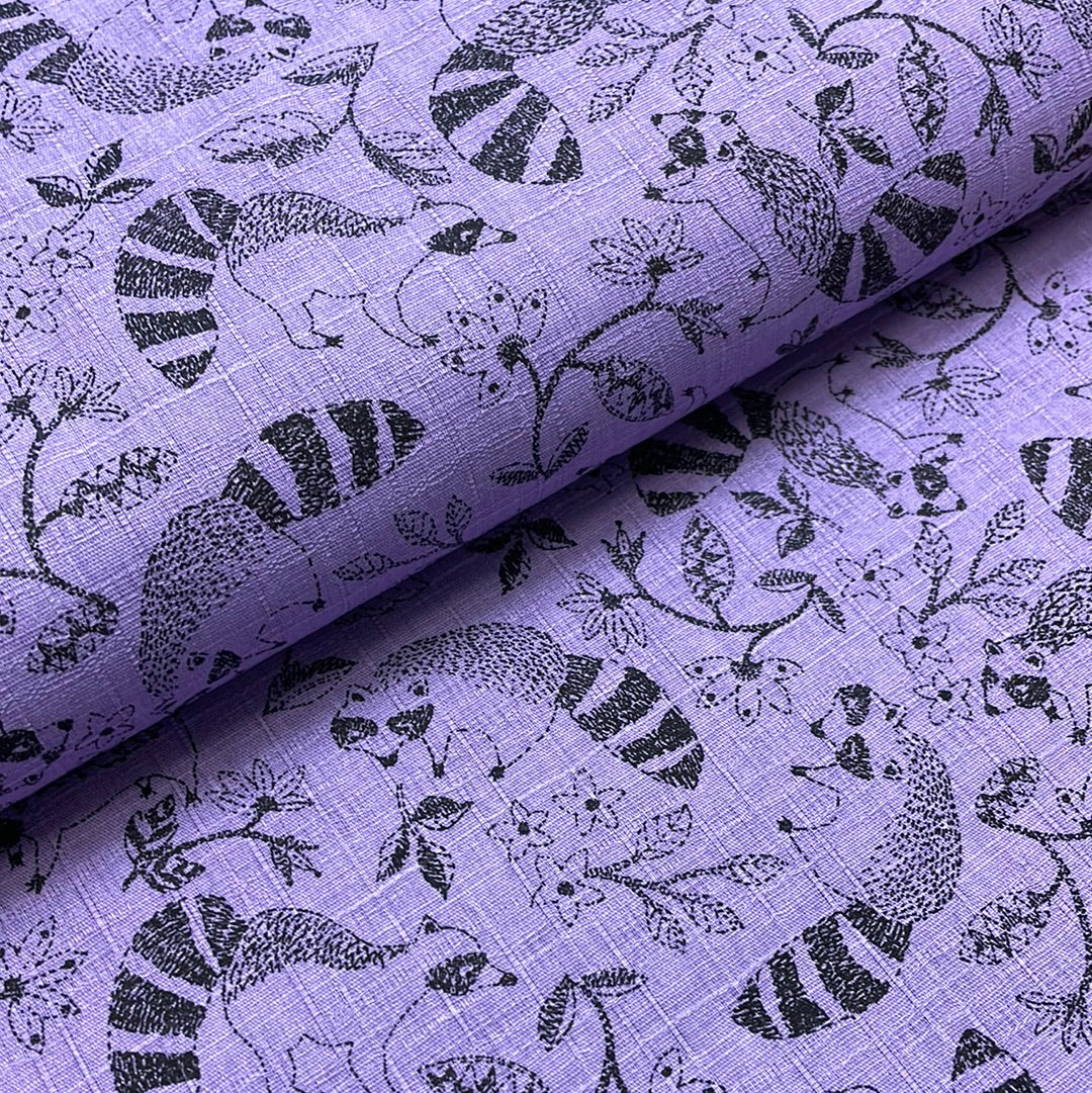 Raccoons on Purple , Heavy Weight Cotton/Linen Blend, by Cosmo, sold by the half yard