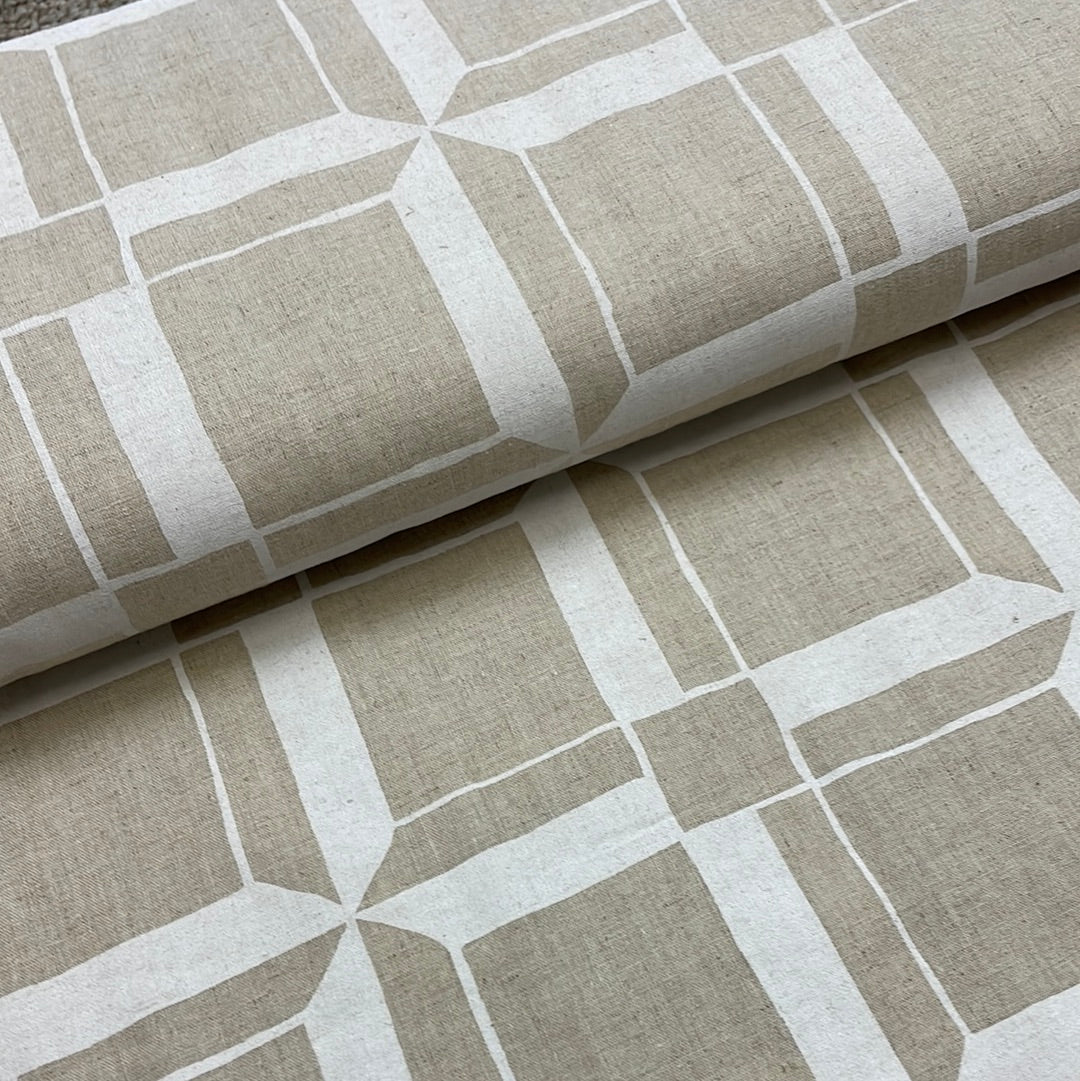 White Windows on Natural, Heavy Weight Cotton/Linen Blend, by Cosmo, sold by the half yard