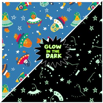 Blast Off! Y4387-90 Blue Glow in the Dark Aliens by Clothworks, sold by the half-yard