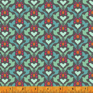 EDEN Birds & Hearts on Grey 52808-7 by Sally Kelly for Windham Fabrics, sold by the half-yard