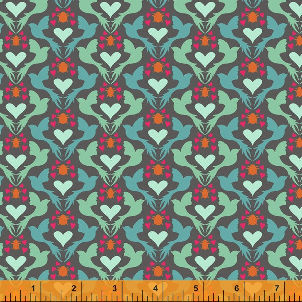 EDEN Birds & Hearts on Grey 52808-7 by Sally Kelly for Windham Fabrics, sold by the half-yard