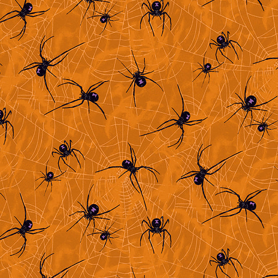 Mystery Manor, Black Widows in Pumpkin, A-200-O by Andover, sold by half-yard