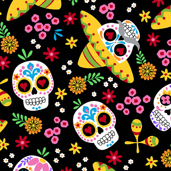 Calaveras in Night, A-9817-K The Day of the Dead, by Andover, sold by half-yard