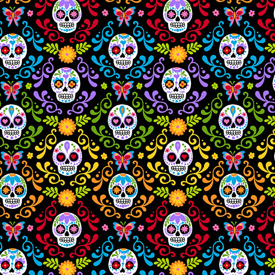 Mariposas in Night, A-9818-K The Day of the Dead, by Andover, sold by half-yard