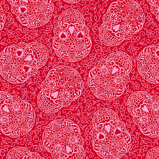 Sugar Skulls in Strawberry, A-9819-E The Day of the Dead, by Andover, sold by half-yard