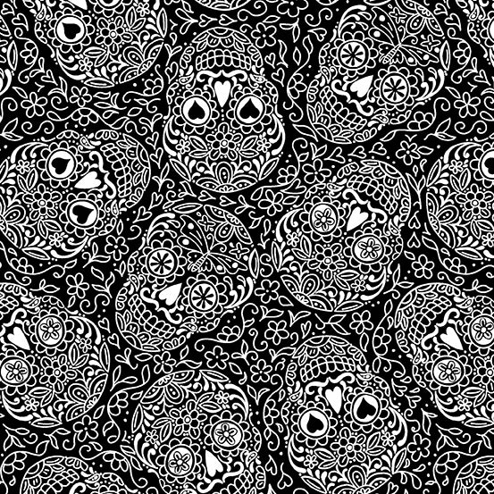 Sugar Skulls in Licorice, A-9819-K The Day of the Dead, by Andover, sold by half-yard