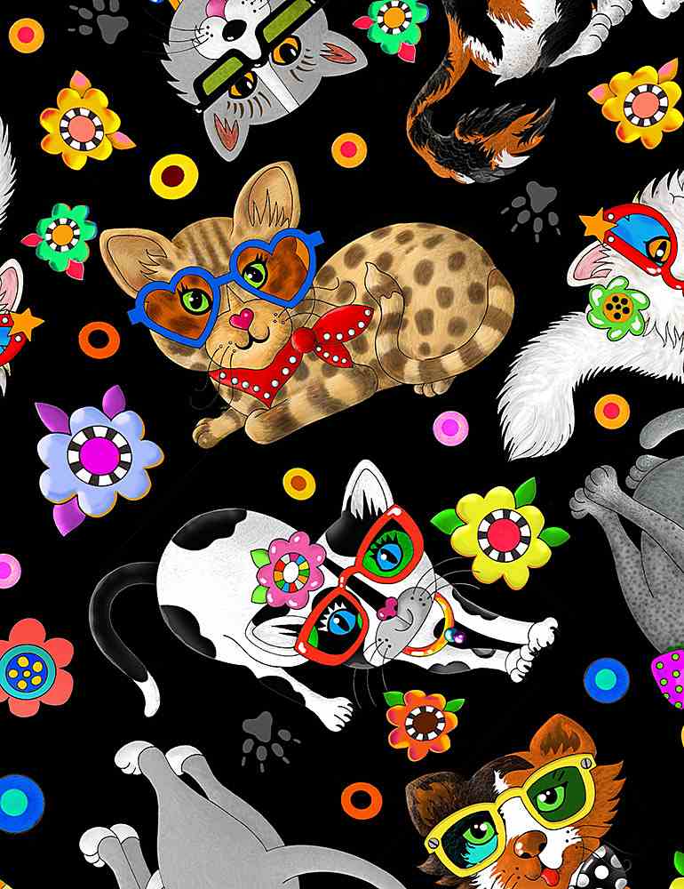 COOL CATS IN SUNGLASSES BART-CD1224  BLACK multi on Black for Timeless Treasures, sold by the half-yard