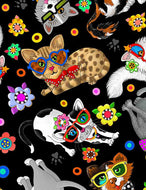 COOL CATS IN SUNGLASSES BART-CD1224  BLACK multi on Black for Timeless Treasures, sold by the half-yard
