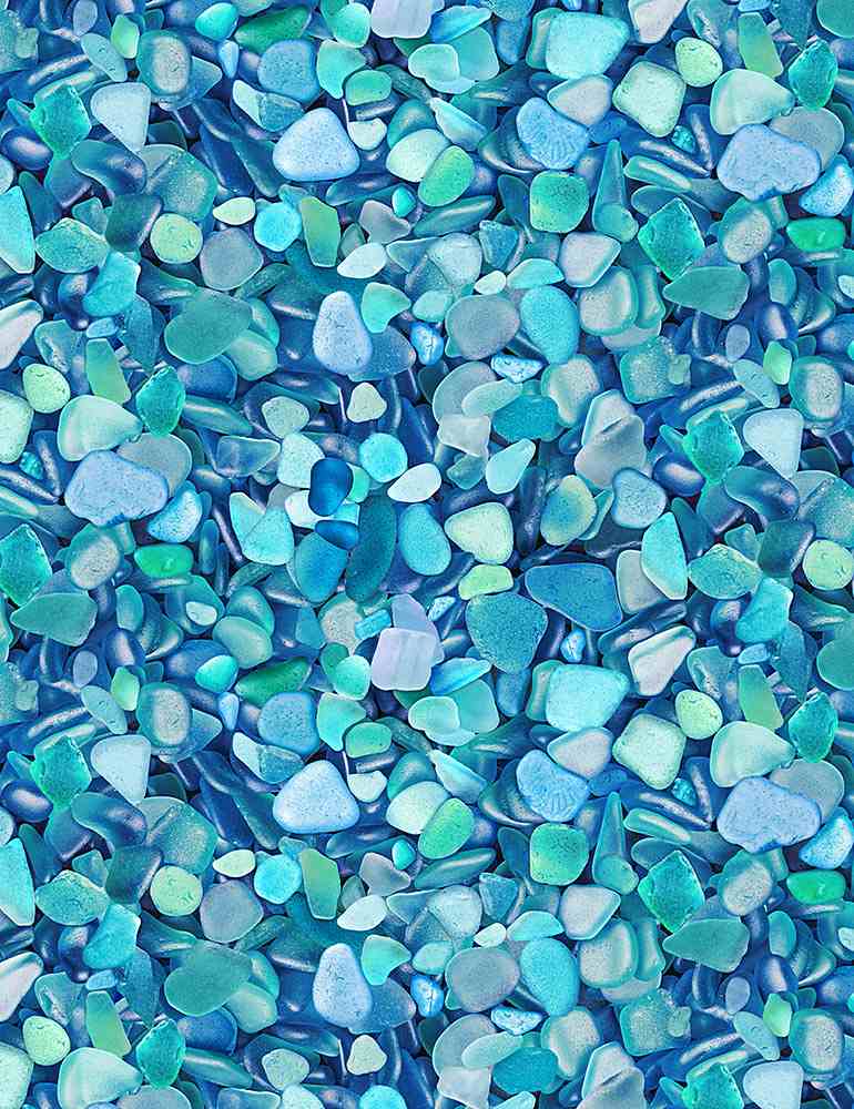 PACKED BLUE SEAGLASS BEACH-C1237  BLUE for Timeless Treasures, sold by the half-yard