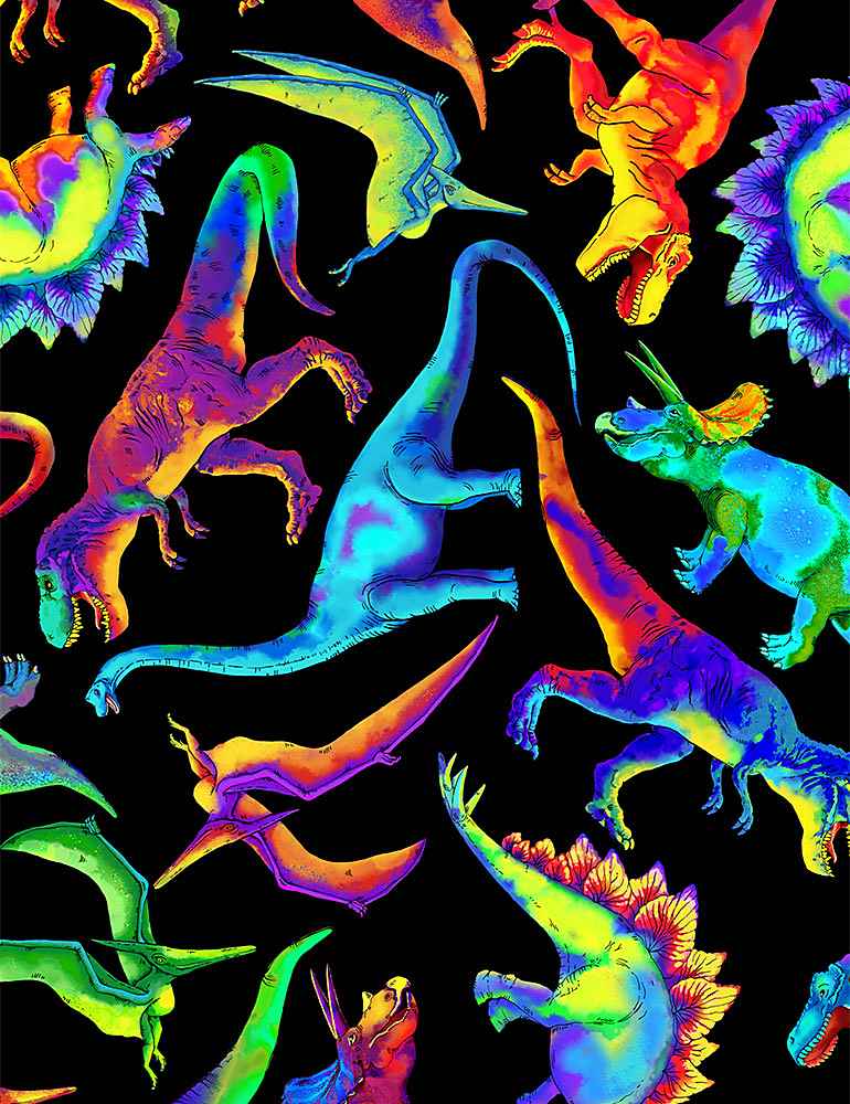 DINO ADVENTURE, BRIGHT RAINBOW DINOSAURS DINO-C1211  on BLACK, by Timeless Treasures, sold by the half-yard