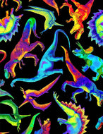 DINO ADVENTURE, BRIGHT RAINBOW DINOSAURS DINO-C1211  on BLACK, by Timeless Treasures, sold by the half-yard