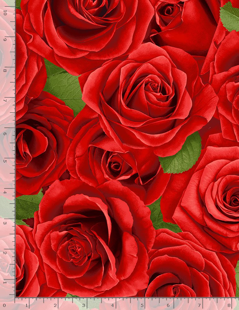 PACKED ROSES FLORA-C1191 in RED for Timeless Treasures, sold by the half-yard