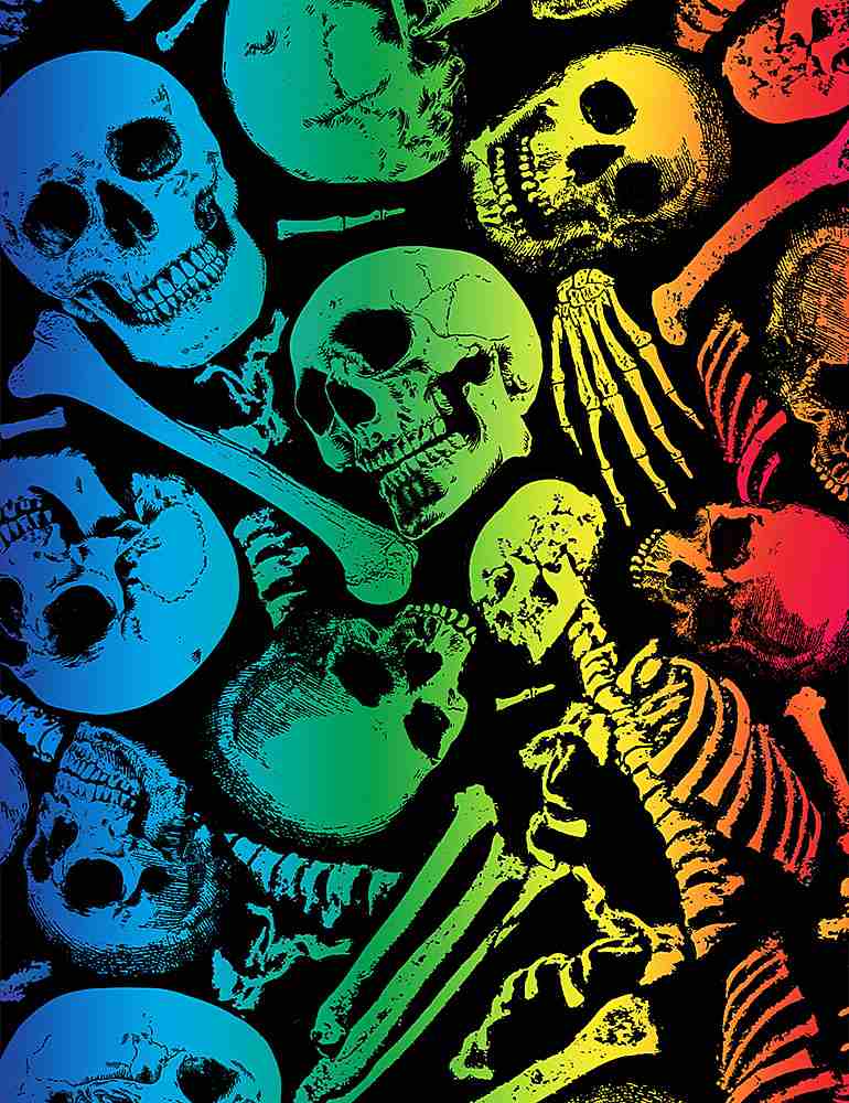 NO BONES ABOUT IT, RAINBOW SKELETONS FUN-C1110  in BLACK, by Timeless Treasures, sold by the half-yard