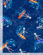 SURFING SKELETONS FUN-C1226  BLUE, for Timeless Treasures, sold by the half-yard