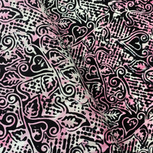 Load image into Gallery viewer, Black, Pink and White Hearts &amp; Swirls Batik by Batik Textiles, sold by the half-yard
