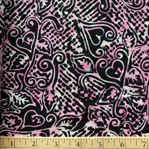 Black, Pink and White Hearts & Swirls Batik by Batik Textiles, sold by the half-yard