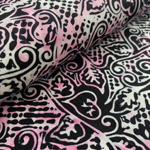 Load image into Gallery viewer, Black, Pink and White Hearts &amp; Swirls Batik by Batik Textiles, sold by the half-yard
