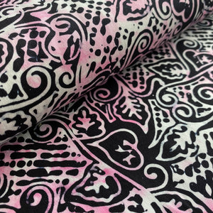 Black, Pink and White Hearts & Swirls Batik by Batik Textiles, sold by the half-yard