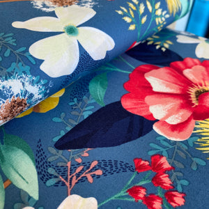 Fresh Meadow in Denim by Clothworks, sold by the half-yard