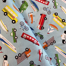 Load image into Gallery viewer, Things That Go in Aqua, for Clothworks, sold by the half-yard
