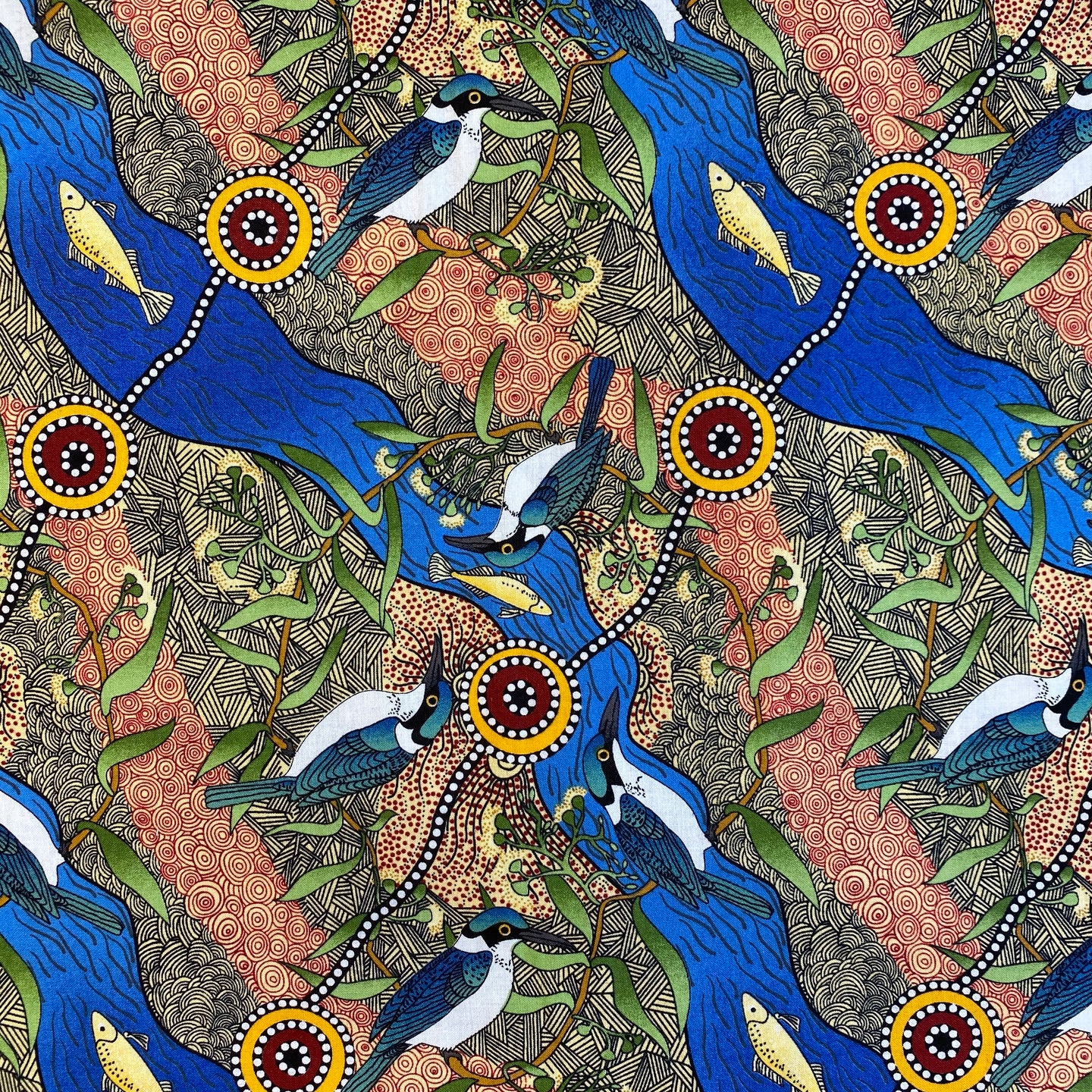 Kingfisher Camp by River in Ecru, by Nambooka for M&S Textiles, sold by the half-yard