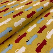 Load image into Gallery viewer, Pooches and Pick Ups on Yellow for Robert Kaufman, sold by the half-yard
