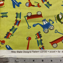 Load image into Gallery viewer, Scoot, Trucks, Trains &amp; Planes on Green, by Riley Blake Designs, sold by the half-yard
