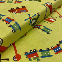 Load image into Gallery viewer, Scoot, Trucks, Trains &amp; Planes on Green, by Riley Blake Designs, sold by the half-yard
