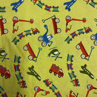 Scoot, Trucks, Trains & Planes on Green, by Riley Blake Designs, sold by the half-yard