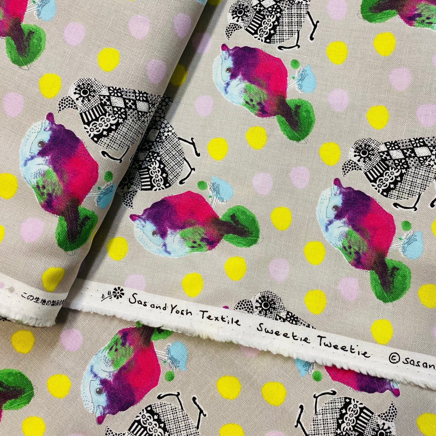 Sas and Yosh Birdies on Gray, Heavy Weight Cotton/Linen Blend, by Kokka, sold by the half yard