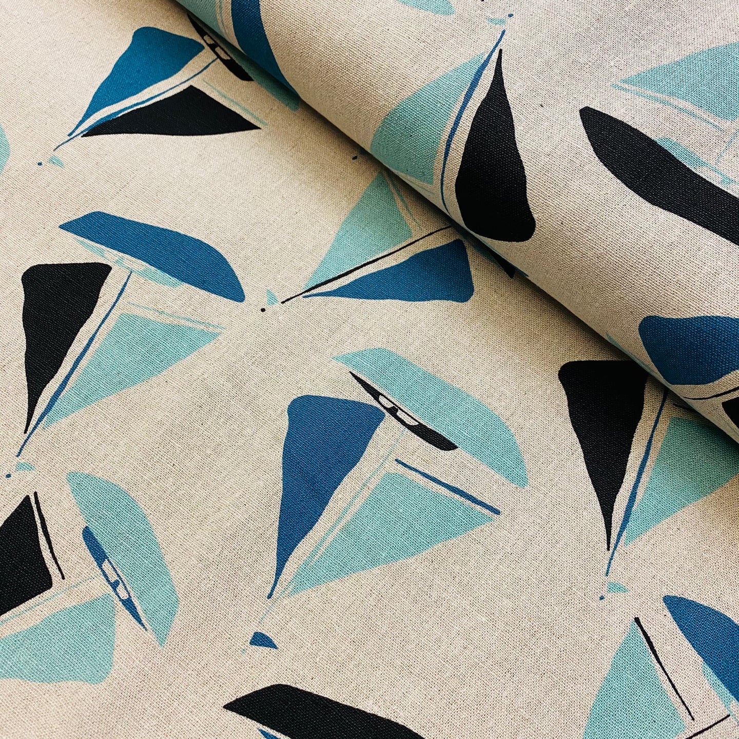 Tidal Wave, Sailboats on Natural, Heavy Weight Cotton/Linen Blend, by Andover, sold by the half yard