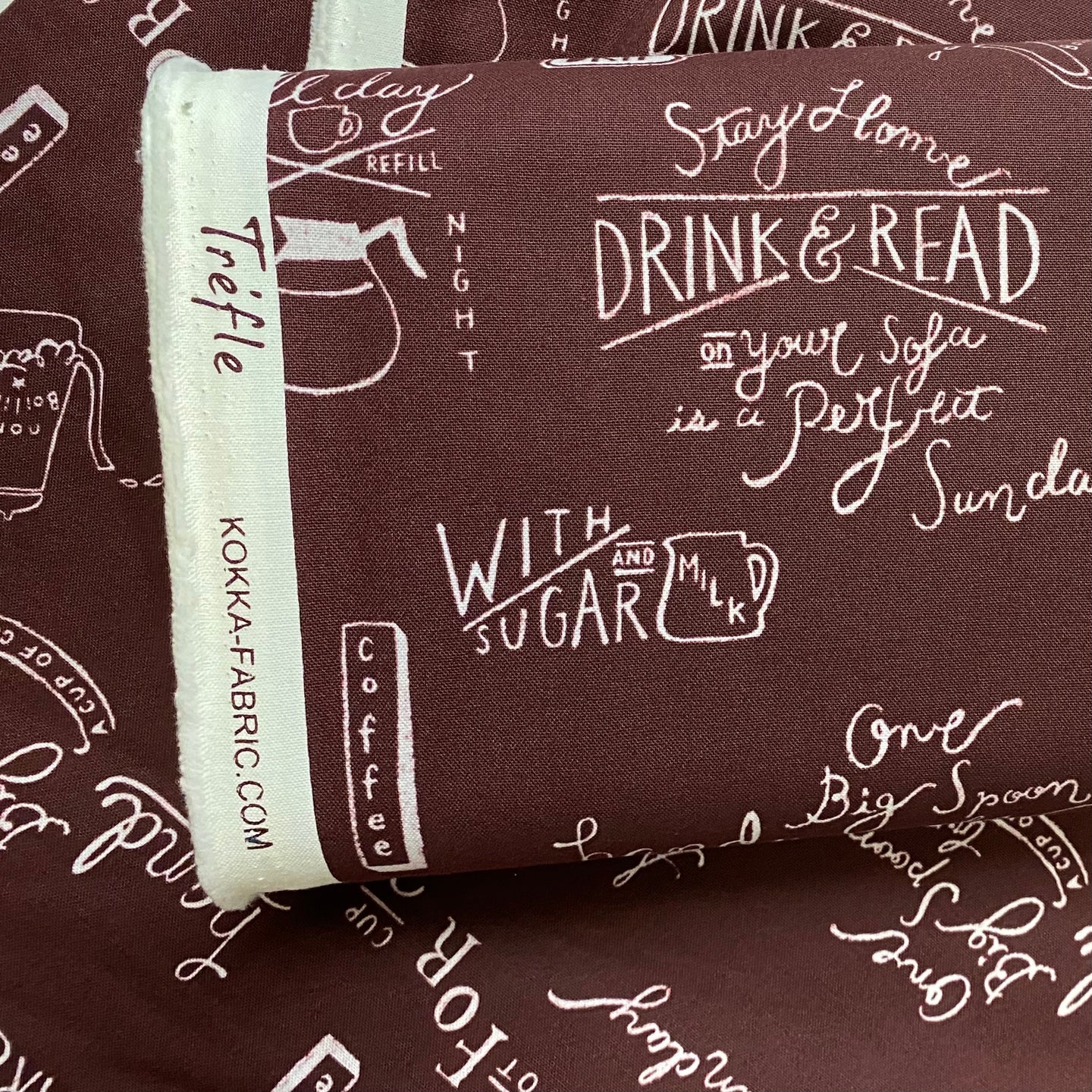 Trefle, Coffee Time on Brown, Heavy Weight Cotton, by Kokka, sold by the half yard