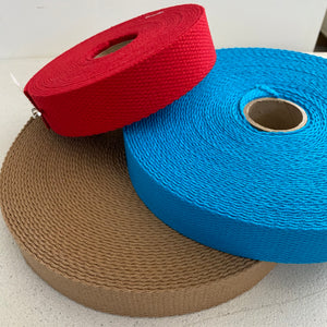 One Inch Wide Cotton Webbing Strap, Available in Red, Blue, or Tan, sold by the yard