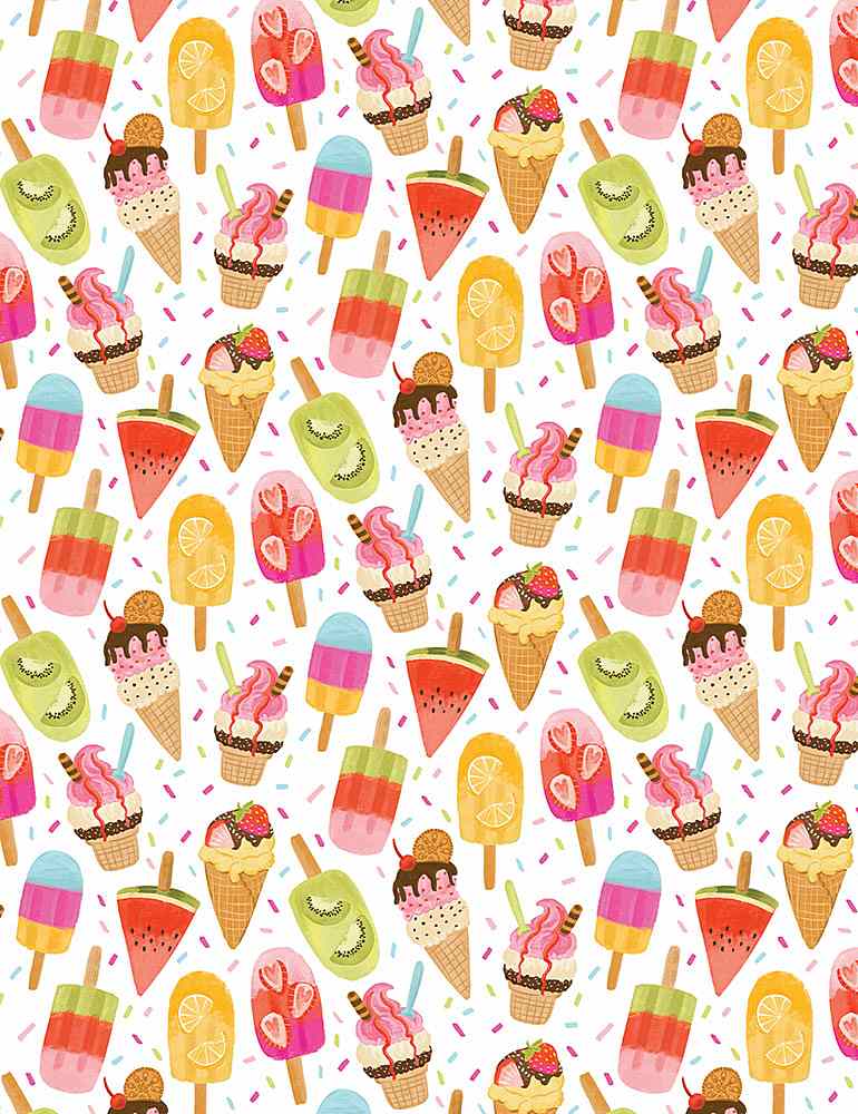 SUMMER ICE CREAM CONES AND POPSICLES OLIVIA-CD1328 multi on WHITE for Timeless Treasures, sold by the half-yard