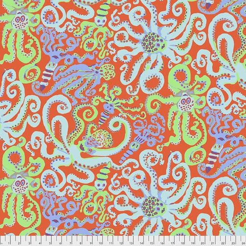 Octopus - Orange, Stash, Classics Brandon Mably for the Kaffe Fassett Collective  Put-Up SKUPWBM074.ORANGE, for Free Spirit Fabrics, sold by the half-yard