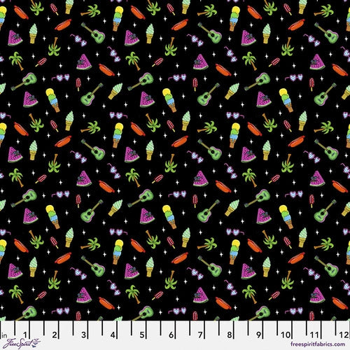 Delish Delights in Black, Summer Birds, PWMU001.XBLACK, by Mulga, for Freespirit Fabrics, sold by the half-yard