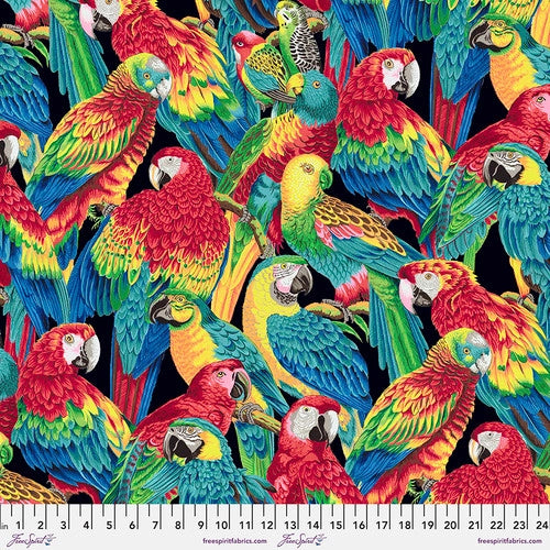 Polly Parrots in Black, PWSL106.BLACK, Treasure Island by Snow Leopard Designs for Free Spirit Fabrics, sold by the half-yard