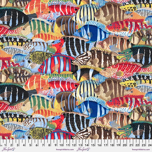 Stripey Fish in Multi, PWSL116.MULTI, Treasure Island by Snow Leopard Designs for Free Spirit Fabrics, sold by the half-yard