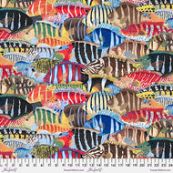 Stripey Fish in Multi, PWSL116.MULTI, Treasure Island by Snow Leopard Designs for Free Spirit Fabrics, sold by the half-yard